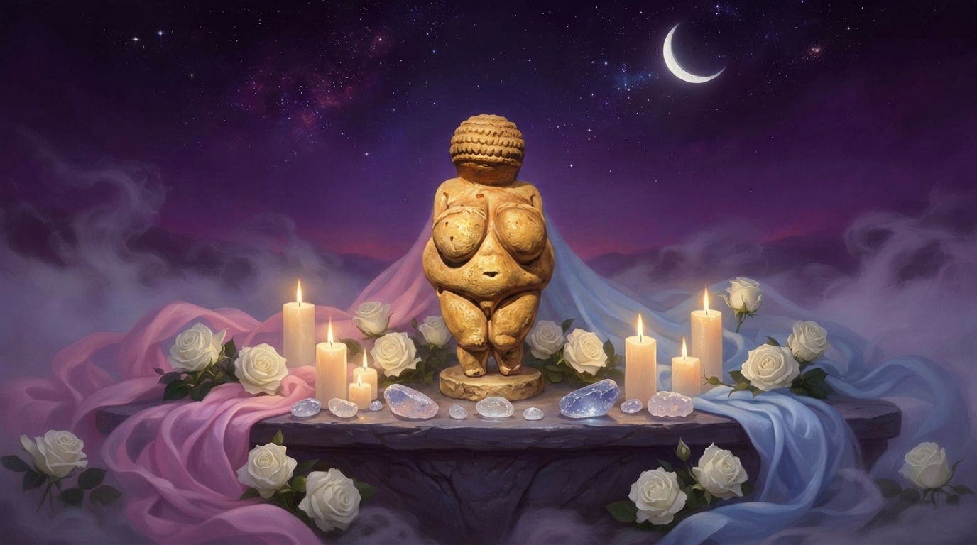 A goddess statue surrounded by candles, roses, and silk in rose and sky tones beneath a starlit sky