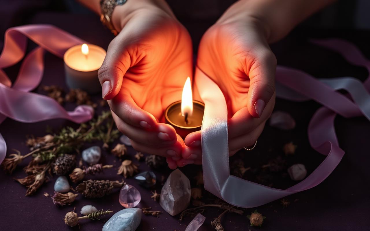Hands cradling a candle flame among herbs and crystals