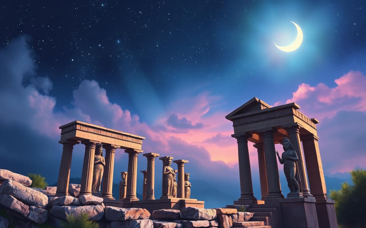 Ancient temple ruins under a crescent moon